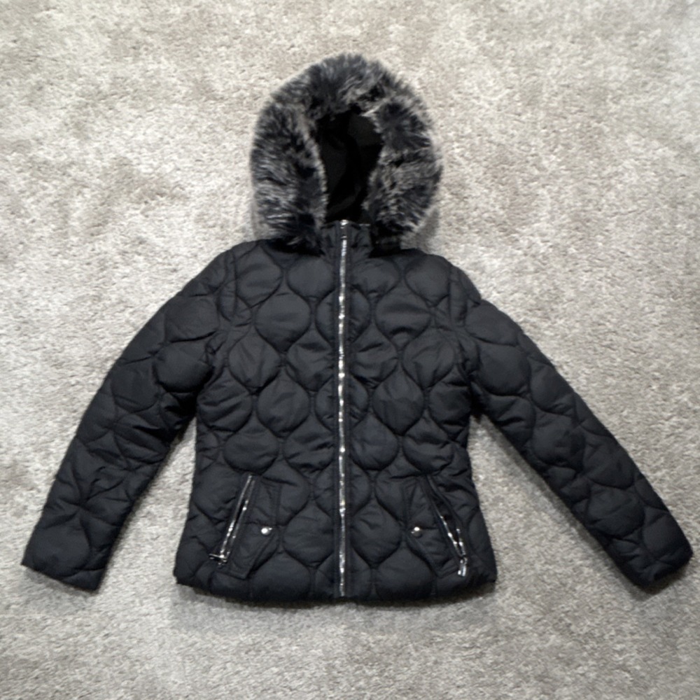How Dare U Women Black Hooded Jacket Faux Fur Trim Full Zip Short Size S